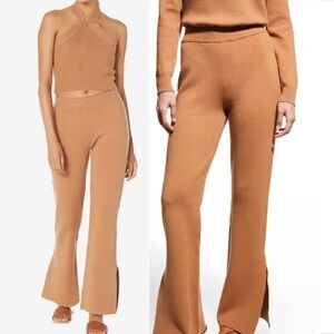 Monrow Waffle Knit Lounge Set Cropped Sweater & Mid-Rise Pants Side Split